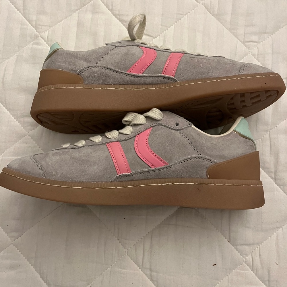 Gray and Pink Sneakers with Brown Soles